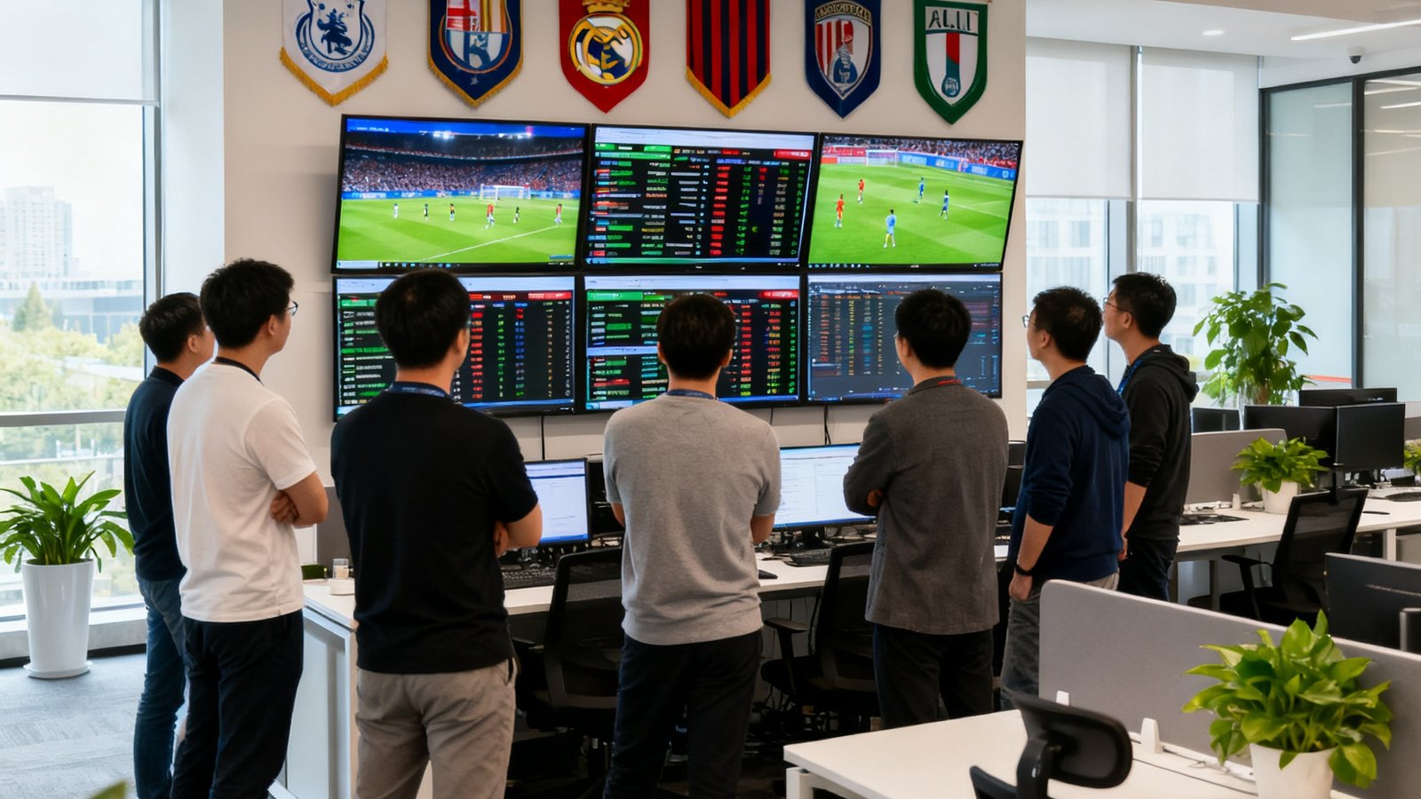雷速比分上海总部开放式办公区的实景画面，技术团队成员正在多屏幕前分析赛事数据，墙上悬挂着各联赛旗帜