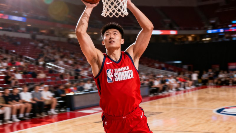 中国球员在NBA夏季联赛中飞身扣篮的精彩瞬间，身穿红色球衣腾空而起
